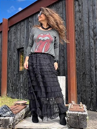 Saia Tule Babados Preta