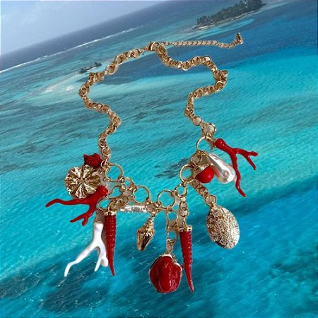 Colar Pingentes Coral Dourado