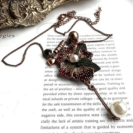Colar Lariat Flor Pérola Cobre