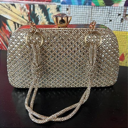 Clutch Flor Strass Colméia Dourado