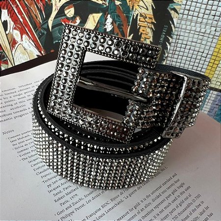 Cinto Fivela Faixa Cristais Grafite