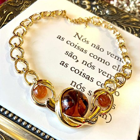 Colar Elos Esferas Âmbar Dourado