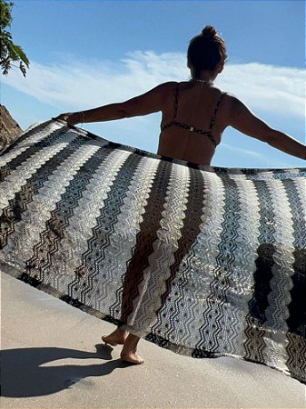 Pareô Multiuso Crochê Preto Branco