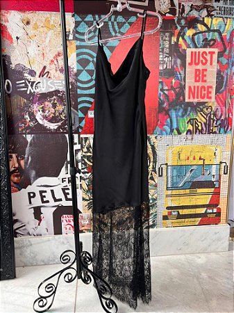 Vestido Longo Renda Cetim Preto