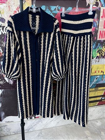 Conjunto Tricot Vazado Listras Marinho