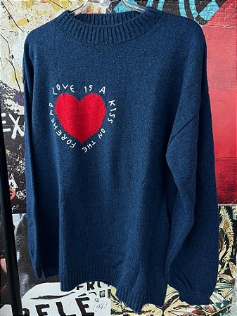 Blusa Tricot Coração Azul