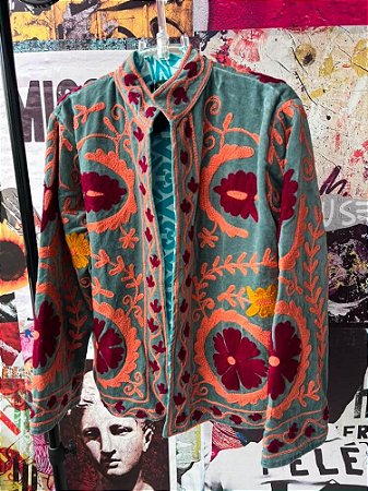 Casaco Boho Bordado Verde Petróleo