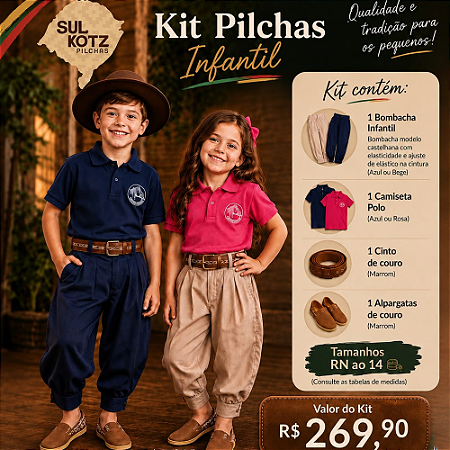 Kit Pilcha Infantil Guri e Guria – Bombacha, Polo, Cinto e Alpargata de couro