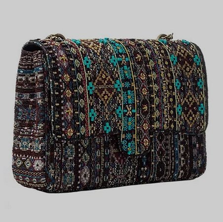 Bolsa Grande em Tapeçaria Mood Étnico e Bordado Turquesa