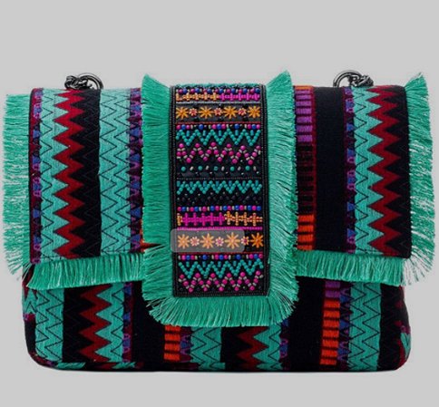 Bolsa Grande em Tapeçaria Mood Etnico com Franjas Turquesa e Bordado