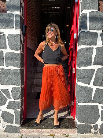 Saia Midi Tule Plissada Laranja