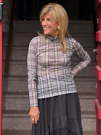 Blusa em Tule Xadrez com Gola Média Dupla - Manga Longa (Tamanho Único)