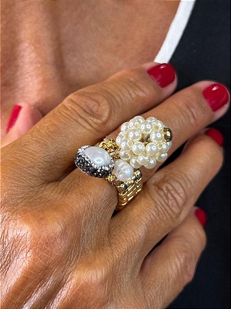 Anel Ajustável Gold Berry com Mix de Pérolas e Cristais