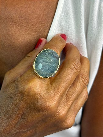 Anel Statement Água-Marinha Natural – Banho de Ouro (Tam 21)