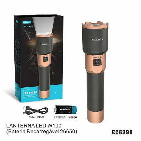 LANTERNA LED W100 (Bateria Recarregável 26650)