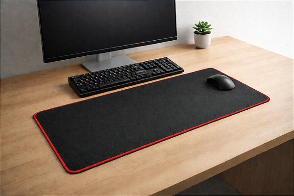 Mousepad Preto - Borda Costurada Vermelha 75x35cm
