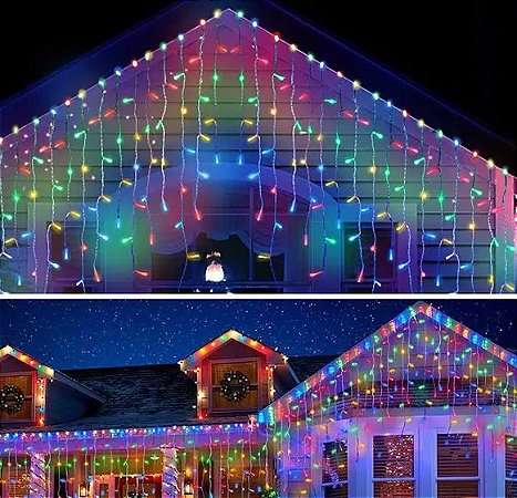 Luz de Natal Cascata 300 Lâmpadas Led Color 8f C/ Memória Fio Branco Bivolt 6m
