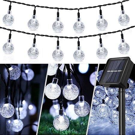 Luz de Natal Cordão 30 Bolas Cristal Led Color 8f Fio Verde 6,5 Mts Solar