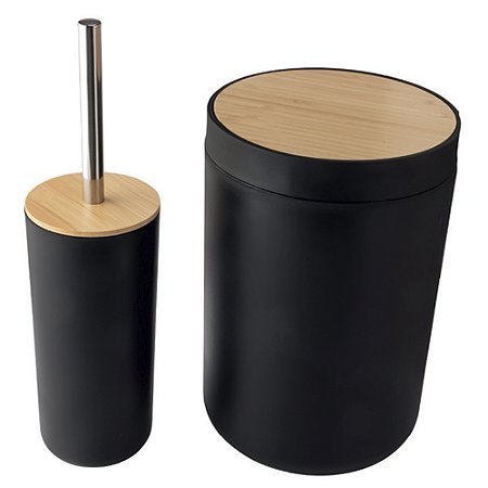 Kit Banheiro Escova Sanitária + Lixeira Preto Bambu