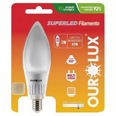 Lâmpada Filamento Led Vela 3w E14 Branco Morno 2700k Bivolt