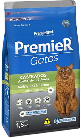 Ração Premier Pet Ambientes Internos Gatos Castrados Frango +12 Anos 1,5kg