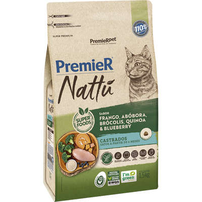 Ração Premier Nattu Frango e Abóbora para Gatos Castrados 1,5kg