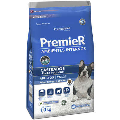 Ração Premier Pet Ambiente Interno Cães Castrados Adultos Frango e Salmão 1kg