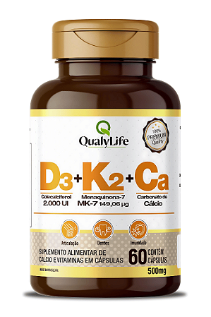 Vitaminas D3 K2 E Cálcio 60 Capsulas - QualyLife