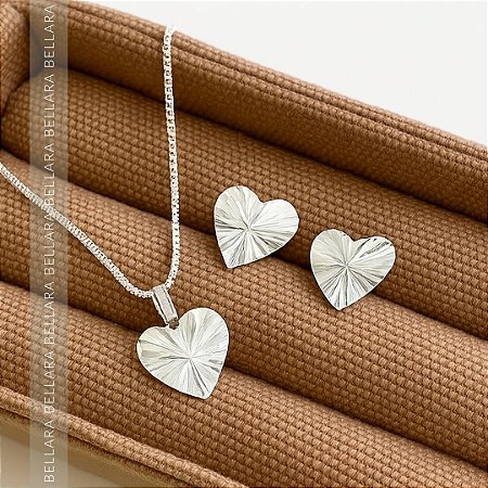 CONJUNTO PRATA 925  CORAÇÃO MARTELADO