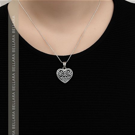 COLAR PRATA 925 45CM + PINGENTE RELICÁRIO CORAÇÃO 18 MM