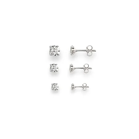 TRIO PRATA 925 BRINCOS PONTO DE LUZ ZIRCÔNIA QUADRADO