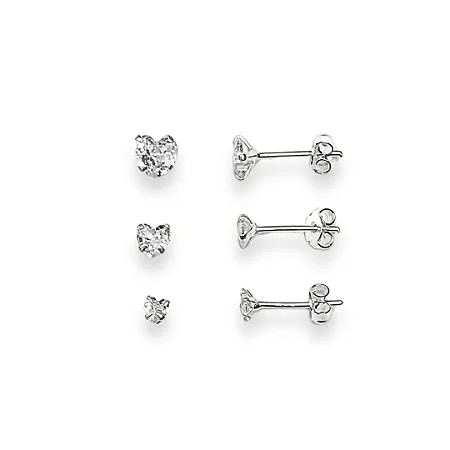 TRIO PRATA 925 BRINCOS PONTO DE LUZ ZIRCÔNIA CORAÇÃO