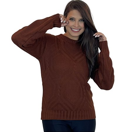 Blusa de Frio Tricot Feminina Frente Trabalhada Manga Longa