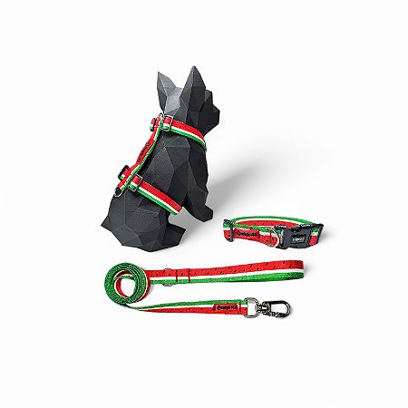 Kit Peitoral H antipuxão para cachorros com Coleira e Guia Melancia
