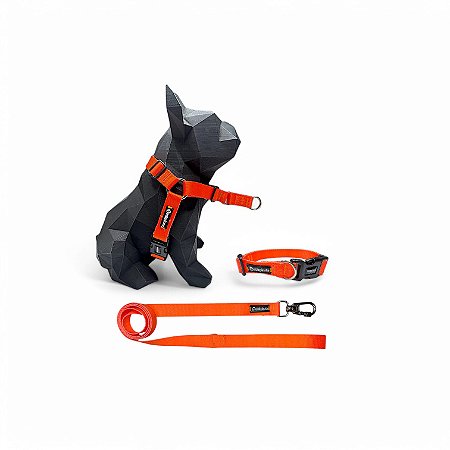 Kit Peitoral Y Antipuxão para cachorros com Coleira e Guia Neon Laranja