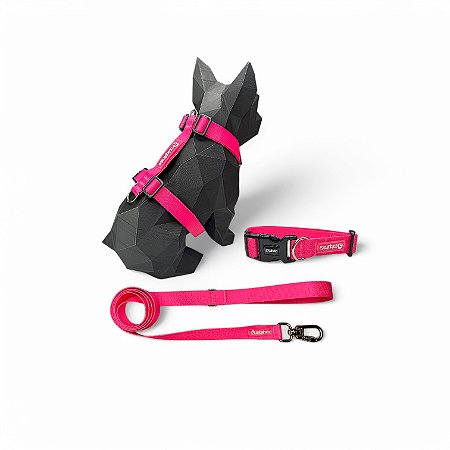 Kit Peitoral H antipuxão para cachorros com Coleira e Guia Neon Rosa