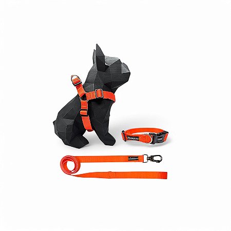 Kit Peitoral Americano para cachorros com Coleira e Guia Neon Laranja