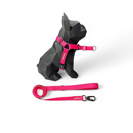 Kit Peitoral Y Antipuxão para cachorros com Guia Neon Rosa