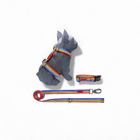 Kit Peitoral H antipuxão para cachorros com Coleira e Guia Arco-íris