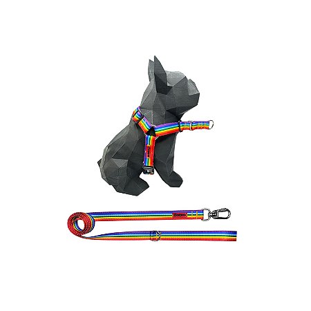 Kit Peitoral Y Antipuxão para cachorros com Guia Arco-íris