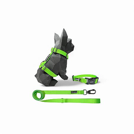 Kit Peitoral H antipuxão para cachorros com Coleira e Guia Neon Verde