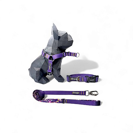 Kit Peitoral Y Antipuxão para cachorros com Coleira e Guia Roxo
