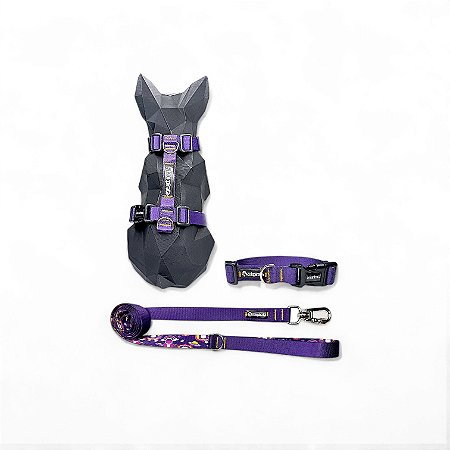 Kit Peitoral H antipuxão para cachorros com Coleira e Guia Roxo