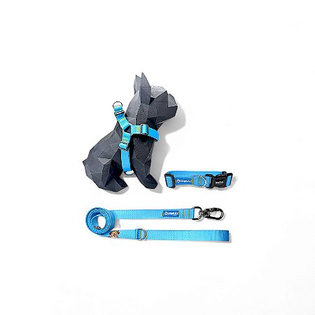 Kit Peitoral Americano para cachorros com Coleira e Guia Celeste
