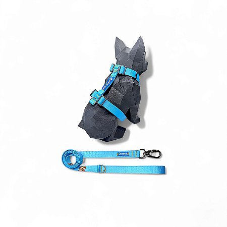 Kit Peitoral H antipuxão para cachorros com Guia Celeste