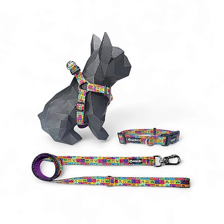 Kit Peitoral Americano para cachorros com Coleira e Guia Emoji