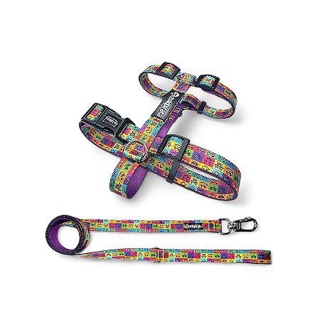 Kit Peitoral H antipuxão para cachorros com Guia Emoji