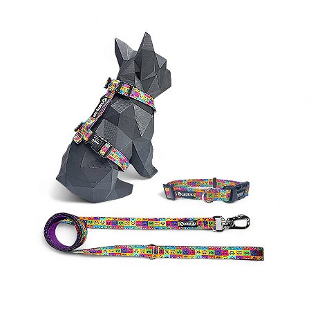 Kit Peitoral H antipuxão para cachorros com Coleira e Guia Emoji