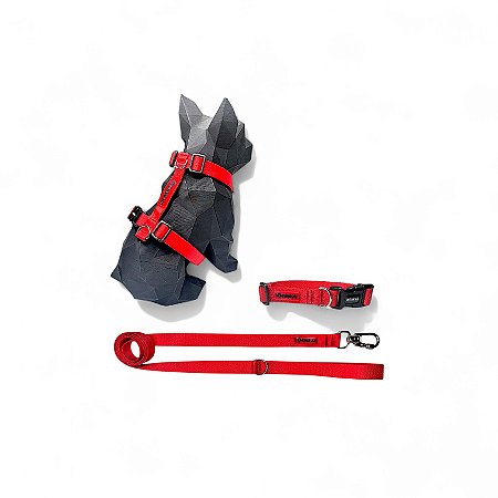 Kit Peitoral H antipuxão para cachorros com Coleira e Guia Vermelho