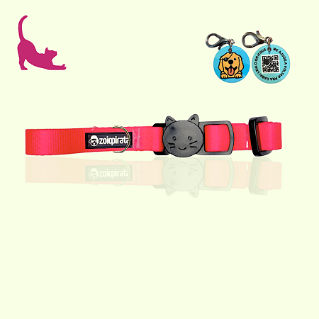 Coleira para Gatos com Tag QR Code Breakaway Anti-Enforcamento Neon Rosa